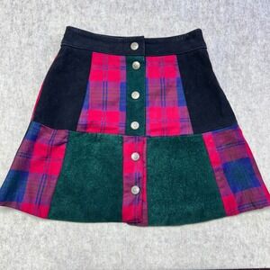 Vintage Mona Mode Suede Wool Plaid Button Front A-Line Skirt Size 10 Patchwork